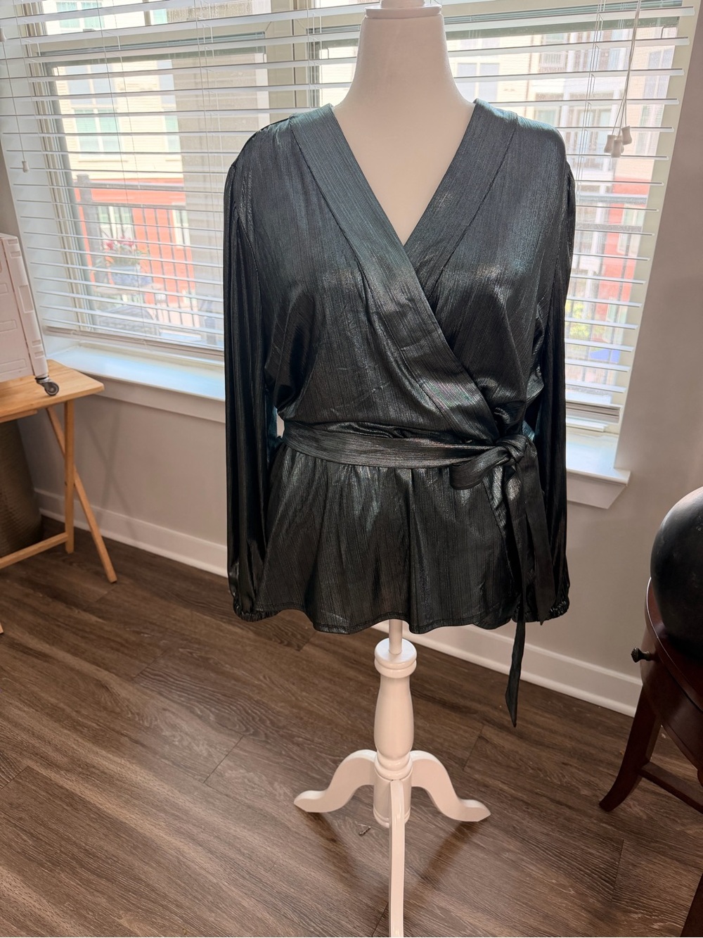 Shimmer Wrap Blouse with Tie Waist in Metallic Black